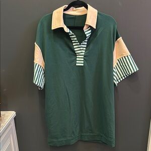 Rugby‎ Collared Top | Green and Cream Striped Tunic | Oversized Medium | NWOT